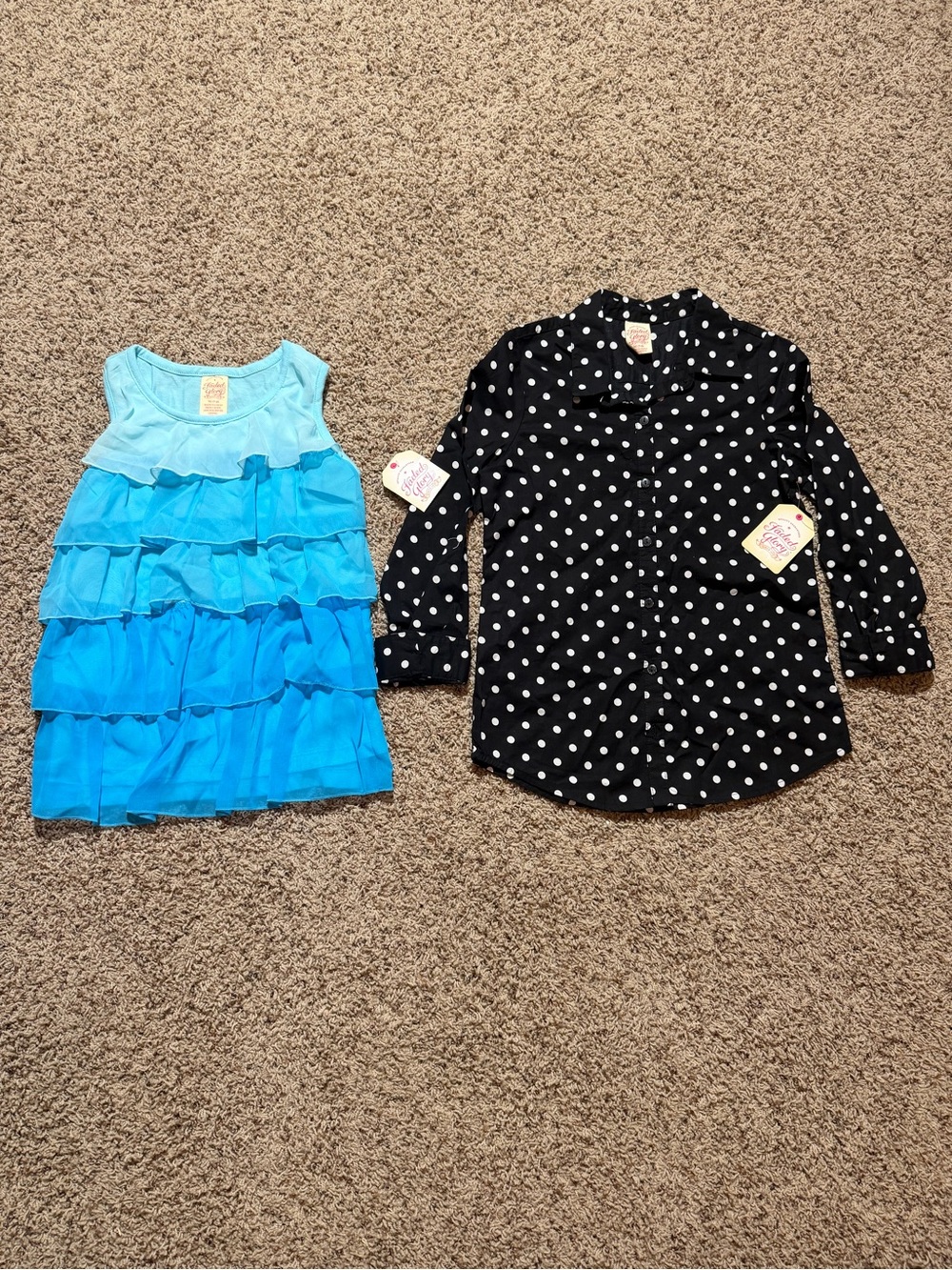 NWT Faded Glory Girls Tops Size (7-8) Ruffle Tank & Black Polka Dot Button Shirt